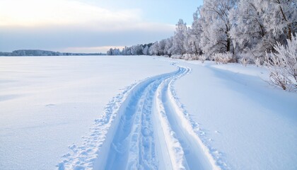 A serpentine path buried under fresh snow, stretching across open white fields, surrounded by bare winter trees, pale sky with a soft winter glow