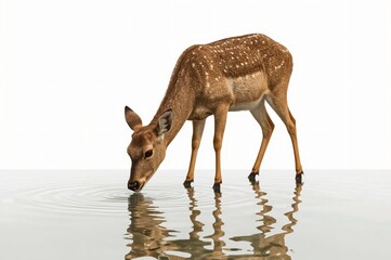 Axis deer drinking water, reflection, isolated, white background, wildlife