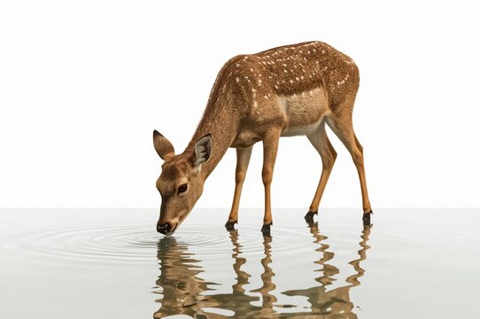 Axis deer drinking water, reflection, isolated, white background, wildlife