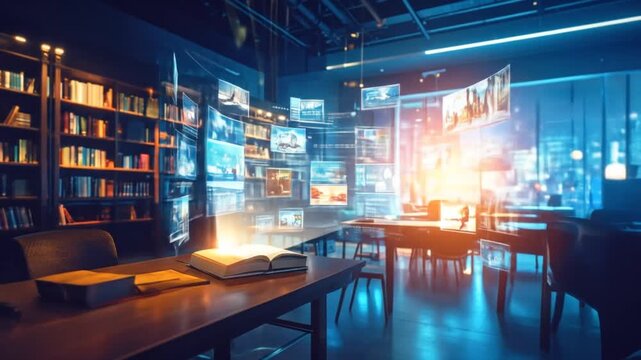 A futuristic library with information streaming from an open book representing knowledge and