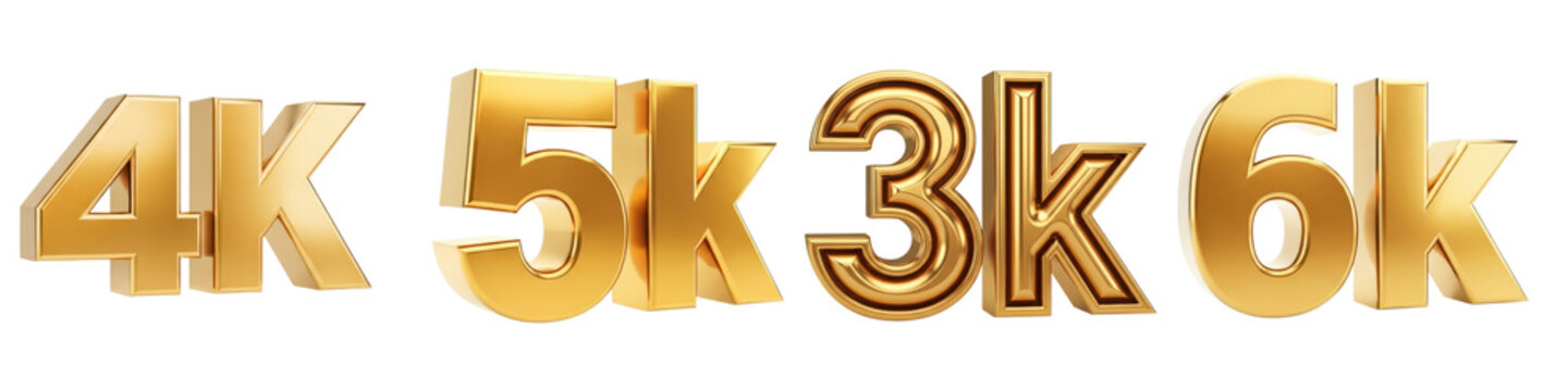 Golden 3k, 4k, 5k, and 6k resolution text isolated on transparent background