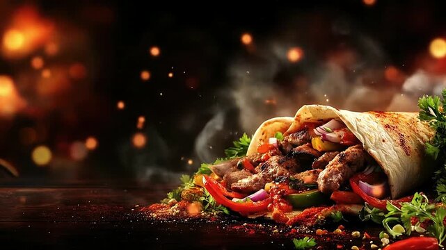 Wrapped flatbread filled with grilled meat vegetables  seasonings presented against a dark bokehlit background