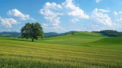 Naklejka premium A lone tree stands in a vast, green field under a clear blue sky with fluffy white clouds.