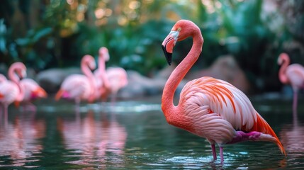 Fototapeta premium A pink flamingo standing in a pond with other flamingos in the background.