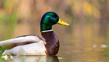Obraz premium A mallard duck, with vibrant emerald green head plumage and a rich brown body, gracefully glides on tranquil water.