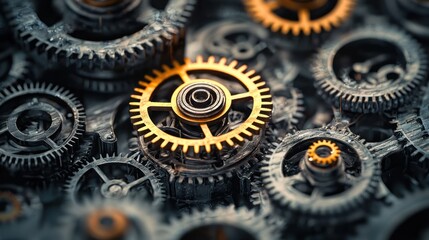 A close-up of a mechanical gear system with a golden cog in the center, surrounded by various sizes and types of gears, set against a dark, industrial background.