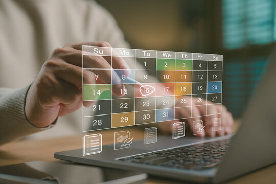 Calendar scheduling and task planning concept with hand interacting with virtual interface, representing time management, productivity, digital agenda, appointment reminder and project timeline.