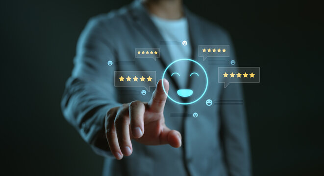 Customer satisfaction and feedback concept with smiling face icon and five-star ratings, representing positive review, client experience, online service quality, brand trust and user engagement.
