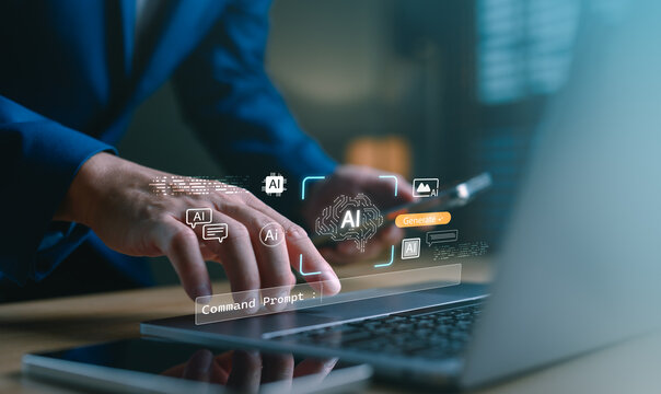 Generative AI concept with hand typing on laptop and virtual command prompt interface, representing artificial intelligence technology, prompt engineering, digital creation and content generation.