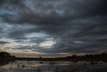 Dark rain cloud dramatic sky summer tropical thunder storm sky and fluffy black darkness cloud nearly raining cloudscape. Nimbus raincloud skyline climate background. Dark gray sky cloudy environment