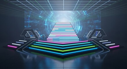 Illuminated Stage Design with Futuristic Elements, Creating a Vibrant and Modern Atmosphere perfect for a digital event