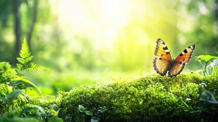 A butterfly perched on a green mossy rock in a lush forest with sunlight filtering through the trees.
