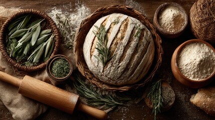 Rustic loaf bread, herbs, and flour