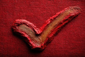 Impasto checkmark on red textured canvas