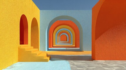Colorful arched hallway receding into the distance