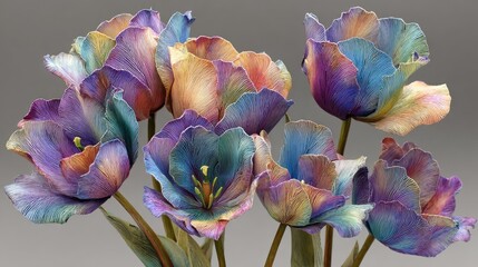Multicolored tulips, intricately detailed, against a neutral backdrop