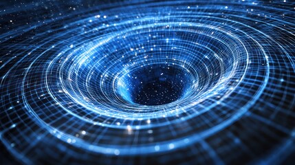 A blue and white digital wormhole with glowing particles and lines.