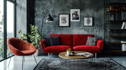 A modern, minimalist living room with a red velvet sofa, black and white framed art, and a black bookshelf.
