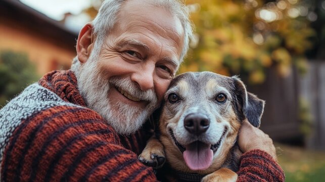 An elderly man with a dog in a garden, smiling and hugging the dog.