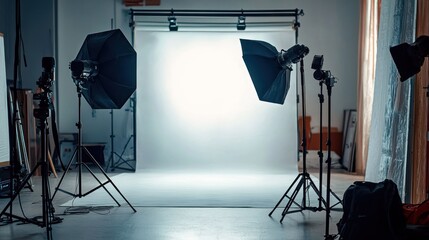 Photography studio with lighting equipment and a white backdrop.