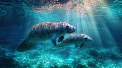 A Peaceful Manatee With Her Calf In Clear Water