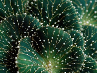 Close-up of dark green leaves adorned with tiny white beads along their veins