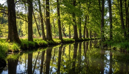 Serene waterway lined with tall trees, reflecting a lush green canopy, bathed in sunlight.