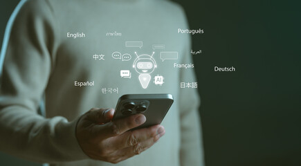 Man using AI language translation chatbot app on smartphone, displaying multiple global languages like English and more, symbolizing multilingual communication technology.