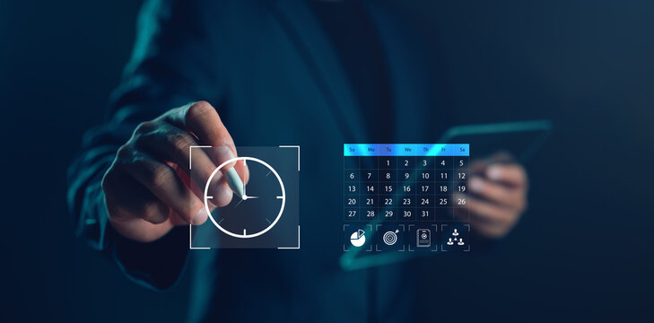 Businessman using digital time management and scheduling interface with calendar and task icons on virtual screen, symbolizing productivity, planning and organization in modern digital workflow. - Powered by Adobe