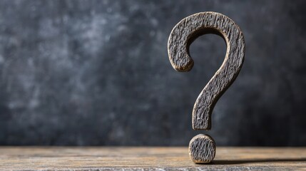 A wooden question mark on a wooden table against a dark background.