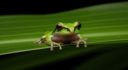 Vibrant Green Tree Frog Adorning a Verdant Leaf in Natural Habitat