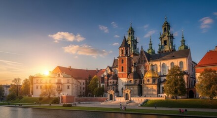 Obraz premium Majestic Wawel Castle bathed in golden light at Sunset, Krakow, Poland