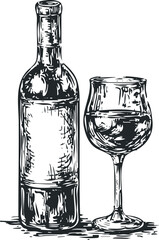 Black and white sketch of a wine bottle next to a glass filled with wine