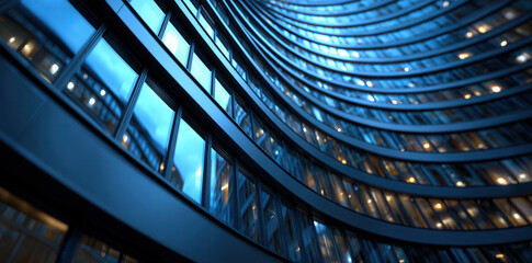 Obraz premium Curved glass building illuminated by evening lights, showcasing stunning architectural design and reflective surfaces