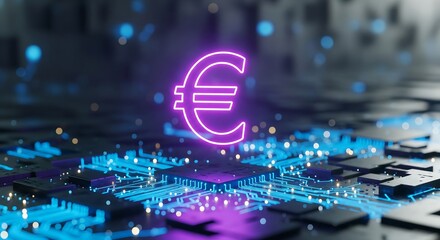 Neon euro symbol on circuit board technology digital