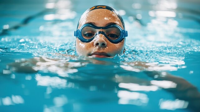 A young girl swimming in an indoor pool. The swimmer is wearing blue goggles and a white swimsuit.