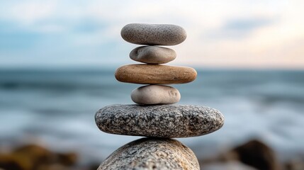 A stack of pebbles on a rocky beach with a blurred ocean background.