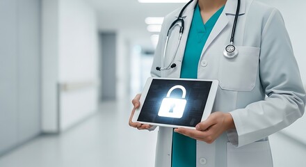 Doctor holding tablet with security lock medical healthcare