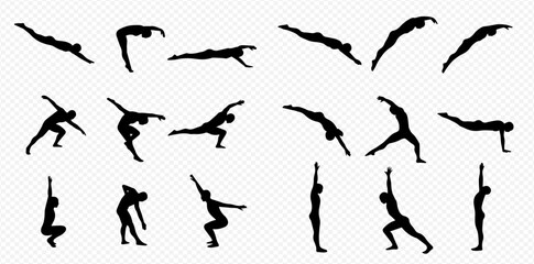 Collection of black silhouettes depicting people in various dynamic athletic, gymnastic, and yoga poses, showcasing human movement and flexibility.