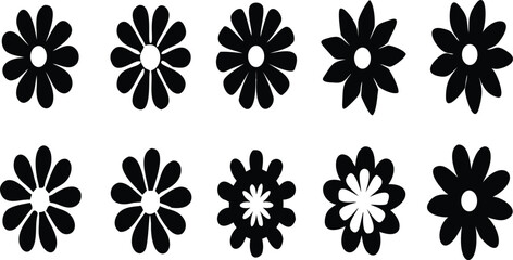 Diverse black flower icons set with varying petal shapes and styles featuring solid and outlined centers.

