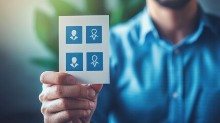 A man holding a business card with a blue and white design.