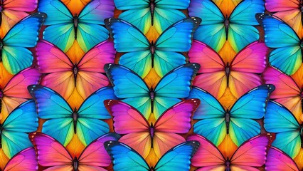 Naklejka premium Colors of rainbow. Pattern of multicolored morpho butterflies with vibrant wings, arranged in seamless symmetry, creating a vivid texture background