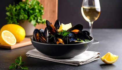 A dark gray bowl of cooked mussels, garnished with fresh parsley and lemon, sits on a gray stone surface, accompanied by a glass of white wine and more lemon wedges.