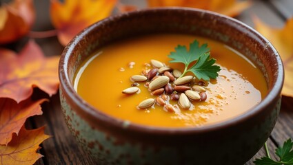 Inviting Overhead Flat Lay of Creamy Pumpkin Soup with Autumn Leaves and Rustic Styling