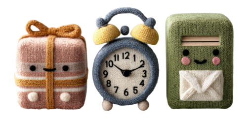 Cute and Whimsical Knitted Objects with Smiling Faces on Transparent Background