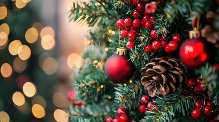 Christmas tree with red berries and ornaments, decorated with pine cones and lights.