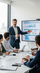 Confident presenter explains company performance charts to attentive team