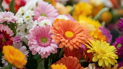 A vibrant bouquet of colorful flowers, including pink, orange, yellow, and white daisies, with green leaves and stems, set against a blurred background of other flowers and greenery.