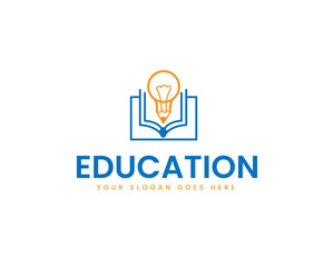 Education logo with open book and pencil light bulb on white background learning knowledge