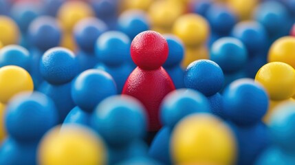 A red and blue wooden figure stands out from a crowd of blue and yellow wooden figures.